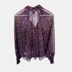 Express Women's Sheer Black & Magenta Abstract Blouse
